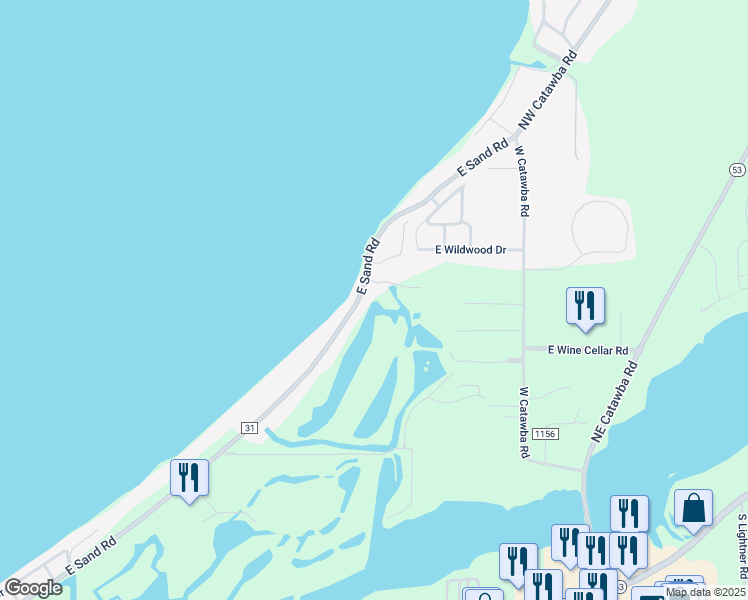 map of restaurants, bars, coffee shops, grocery stores, and more near Kokinda Drive in Port Clinton