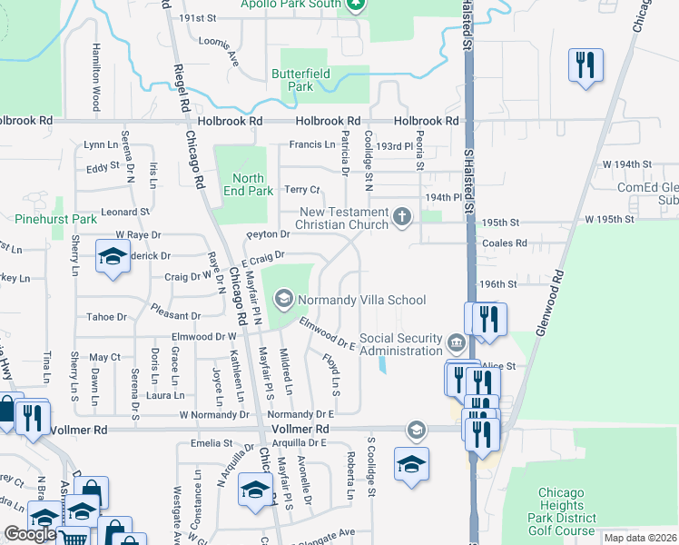 map of restaurants, bars, coffee shops, grocery stores, and more near 176 North Floyd Lane in Chicago Heights
