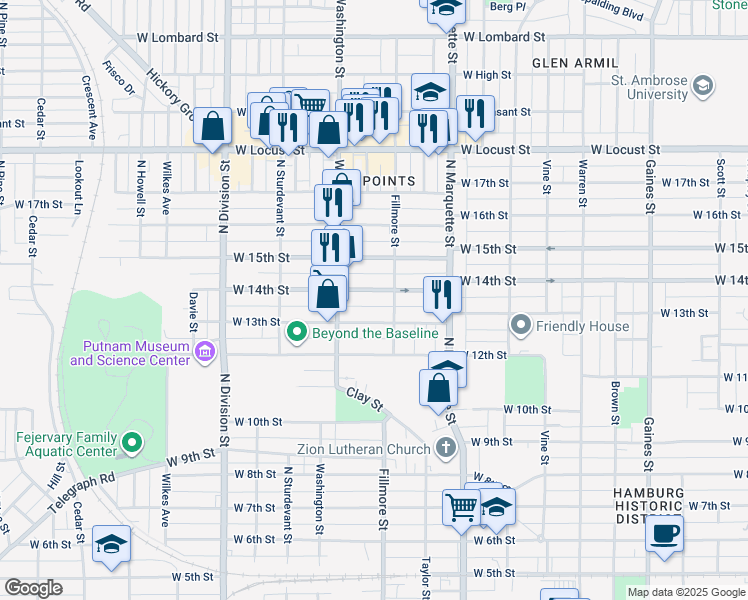 map of restaurants, bars, coffee shops, grocery stores, and more near 1330 Fillmore Street in Davenport