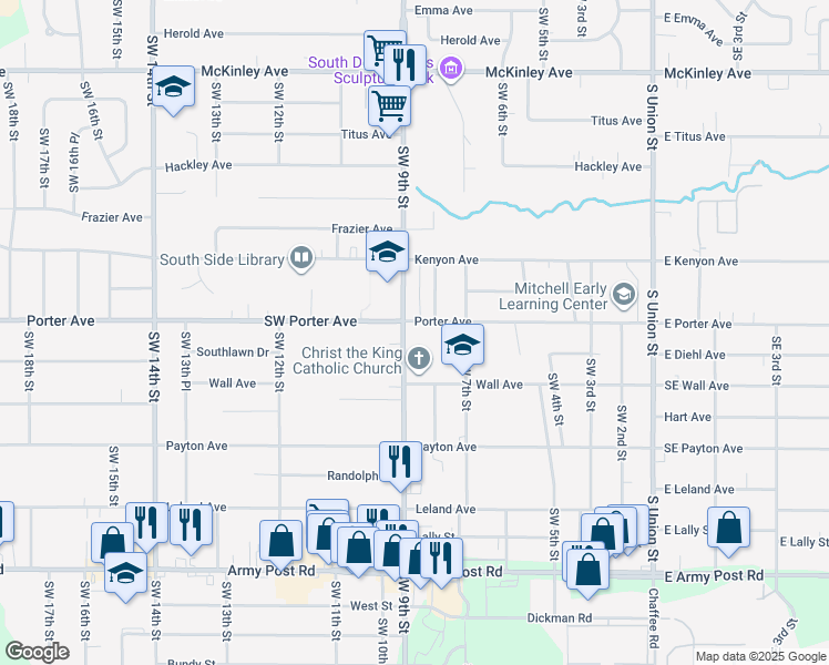 map of restaurants, bars, coffee shops, grocery stores, and more near 5601 Southwest 9th Street in Des Moines