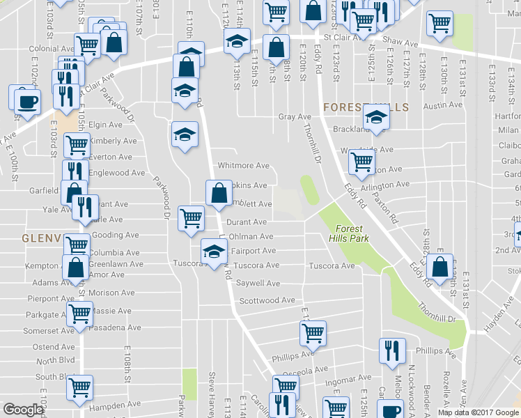 map of restaurants, bars, coffee shops, grocery stores, and more near 11600 Temblett Avenue in Cleveland