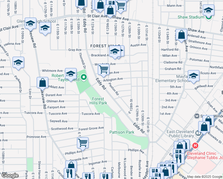 map of restaurants, bars, coffee shops, grocery stores, and more near 878 Paxton Road in Cleveland