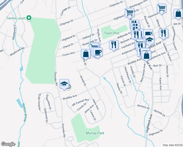 map of restaurants, bars, coffee shops, grocery stores, and more near 34 Malmalick Avenue in Waterbury