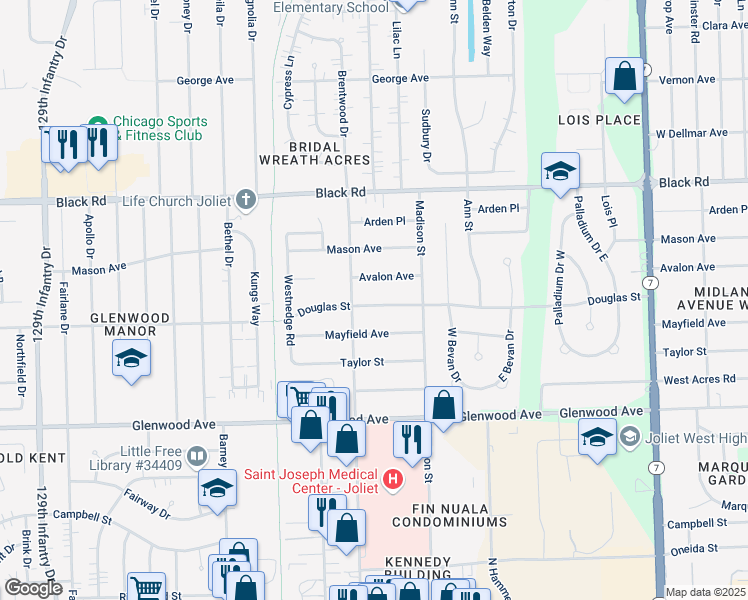 map of restaurants, bars, coffee shops, grocery stores, and more near 2217 Douglas Street in Joliet