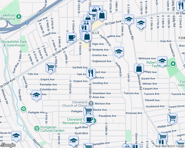 map of restaurants, bars, coffee shops, grocery stores, and more near 861 East 105th Street in Cleveland