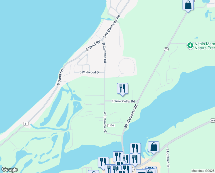 map of restaurants, bars, coffee shops, grocery stores, and more near 422 Northwest Catawba Road in Port Clinton