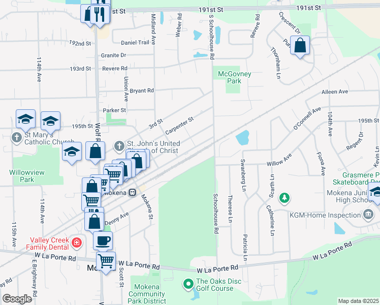 map of restaurants, bars, coffee shops, grocery stores, and more near 10845 Front Street in Mokena