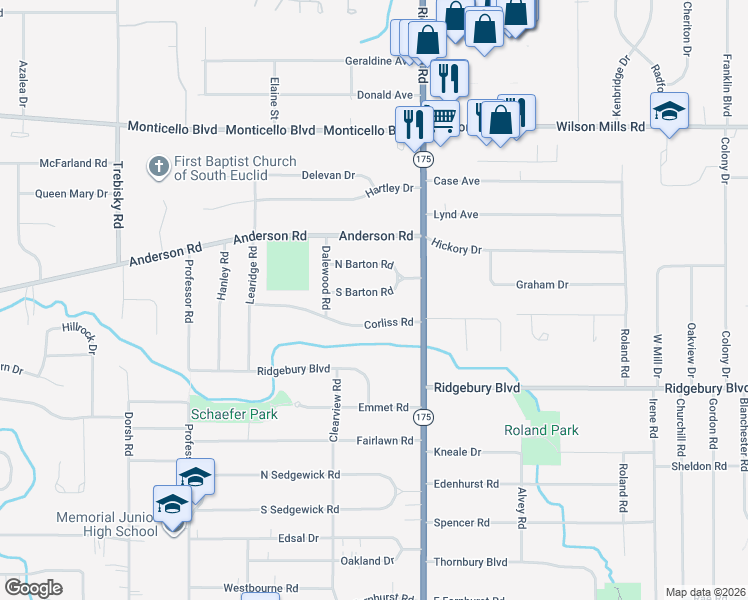 map of restaurants, bars, coffee shops, grocery stores, and more near 5006 South Barton Road in Lyndhurst