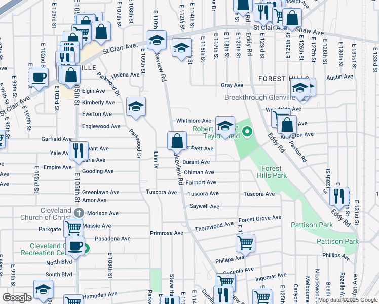 map of restaurants, bars, coffee shops, grocery stores, and more near 11410 Temblett Avenue in Cleveland
