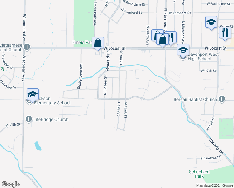 map of restaurants, bars, coffee shops, grocery stores, and more near 1310 Calvin Street in Davenport