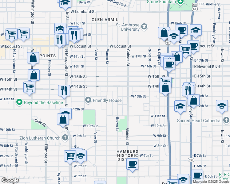 map of restaurants, bars, coffee shops, grocery stores, and more near 1314 Brown Street in Davenport