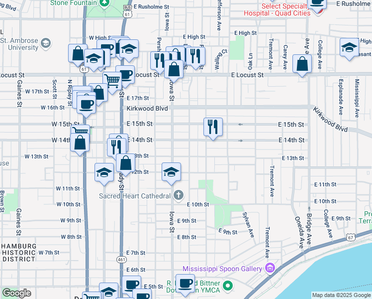 map of restaurants, bars, coffee shops, grocery stores, and more near 1314 Leclaire Street in Davenport