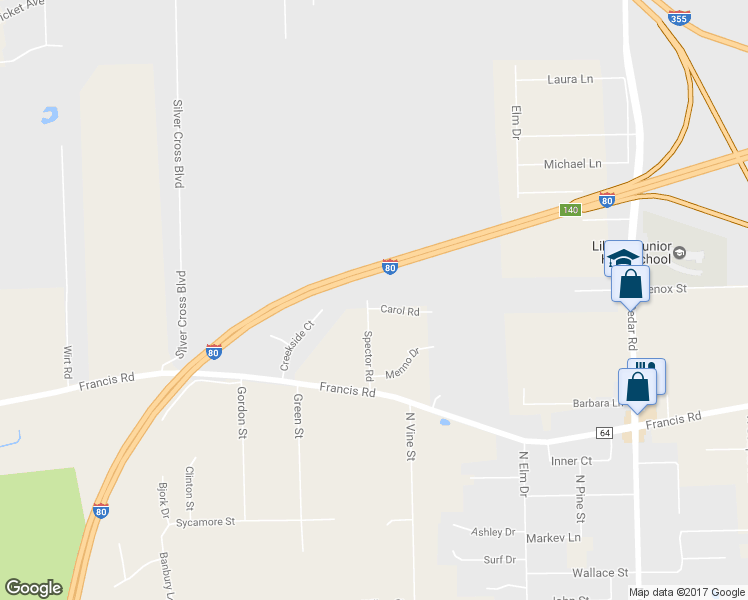 map of restaurants, bars, coffee shops, grocery stores, and more near 335 Carol Road in New Lenox