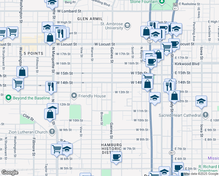 map of restaurants, bars, coffee shops, grocery stores, and more near 1314 Gaines Street in Davenport