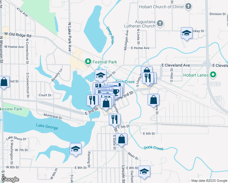 map of restaurants, bars, coffee shops, grocery stores, and more near 621 E 2nd St in Hobart
