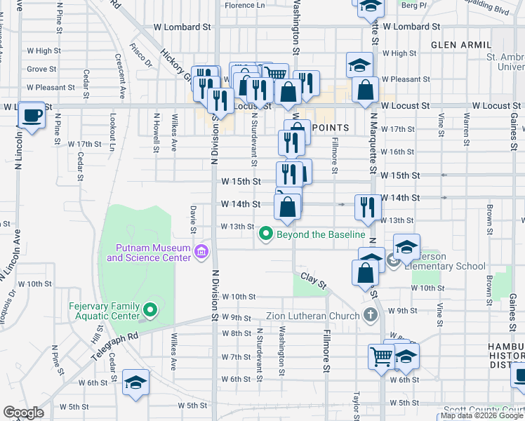 map of restaurants, bars, coffee shops, grocery stores, and more near 1557 West 14th Street in Davenport