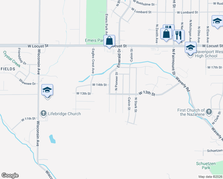 map of restaurants, bars, coffee shops, grocery stores, and more near 1313 Emerald Drive in Davenport