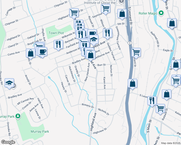 map of restaurants, bars, coffee shops, grocery stores, and more near 67 New Haven Avenue in Waterbury
