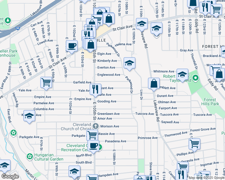map of restaurants, bars, coffee shops, grocery stores, and more near 10618 Bryant Avenue in Cleveland