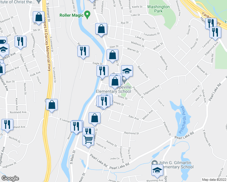 map of restaurants, bars, coffee shops, grocery stores, and more near 1426 Baldwin Street in Waterbury