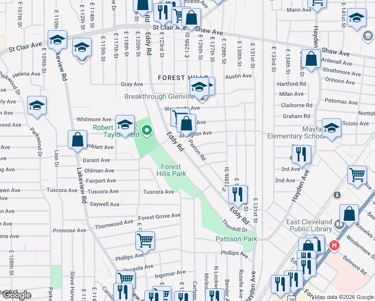 map of restaurants, bars, coffee shops, grocery stores, and more near 878 Paxton Road in Cleveland