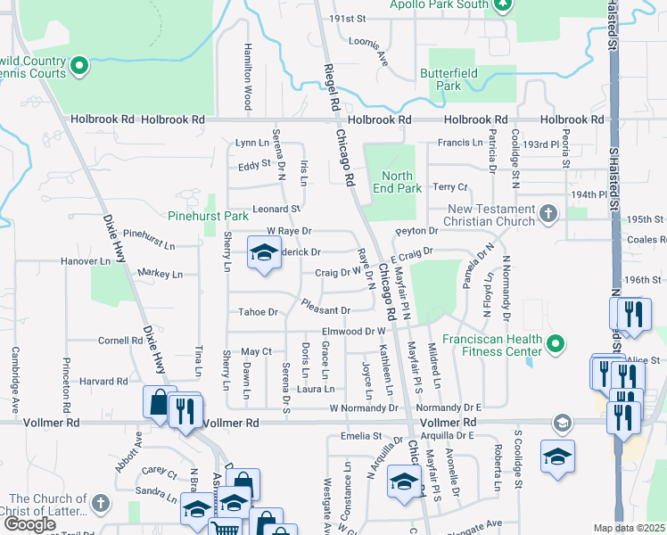 map of restaurants, bars, coffee shops, grocery stores, and more near 177 Craig Drive West in Chicago Heights