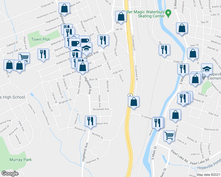 map of restaurants, bars, coffee shops, grocery stores, and more near 97 Norton Street in Waterbury