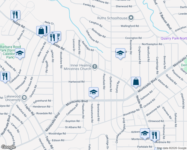 map of restaurants, bars, coffee shops, grocery stores, and more near 1001 Yellowstone Road in Cleveland Heights