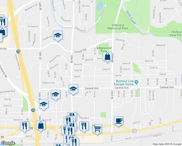 map of restaurants, bars, coffee shops, grocery stores, and more near 1962 North Oak Street in Bettendorf