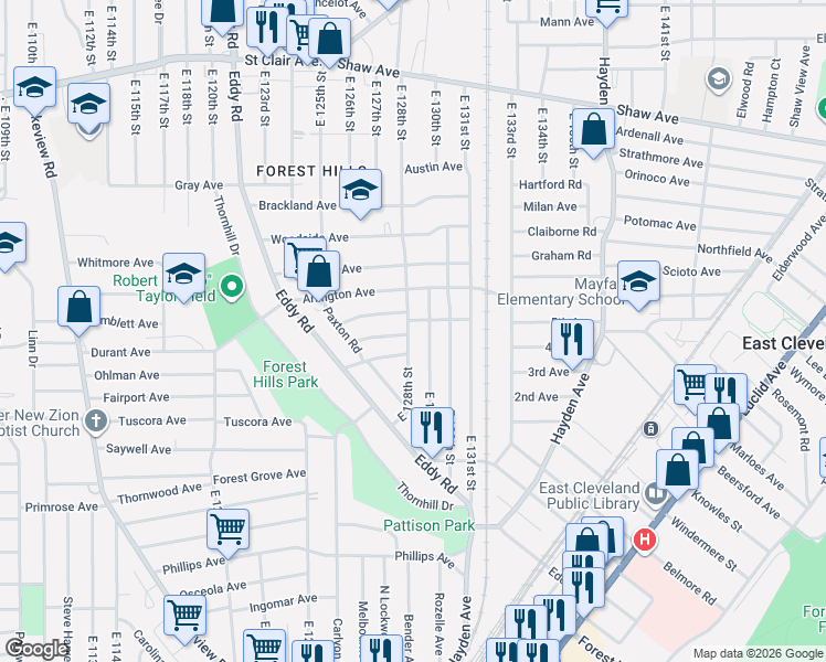 map of restaurants, bars, coffee shops, grocery stores, and more near 877 East 128th Street in Cleveland