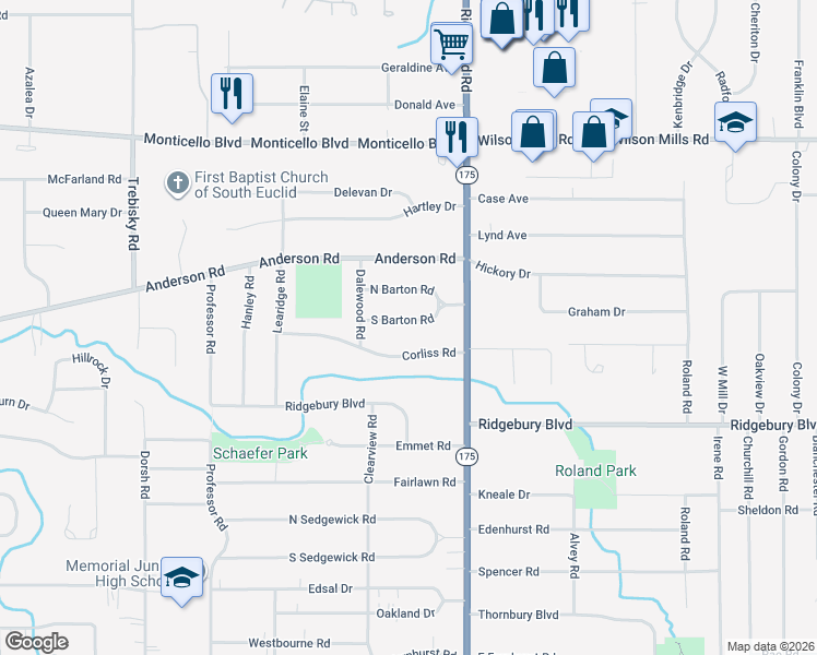 map of restaurants, bars, coffee shops, grocery stores, and more near 5006 South Barton Road in Lyndhurst