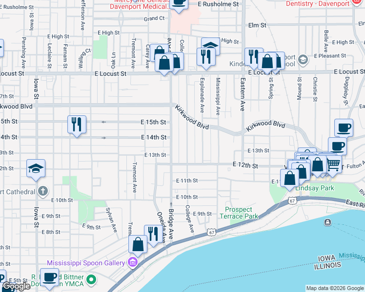 map of restaurants, bars, coffee shops, grocery stores, and more near 1310 College Avenue in Davenport