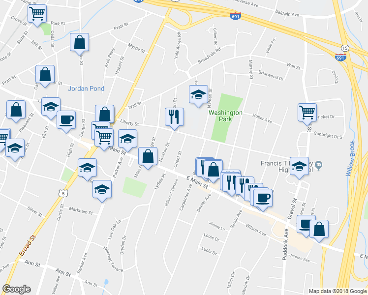 map of restaurants, bars, coffee shops, grocery stores, and more near 61 Orient Street in Meriden