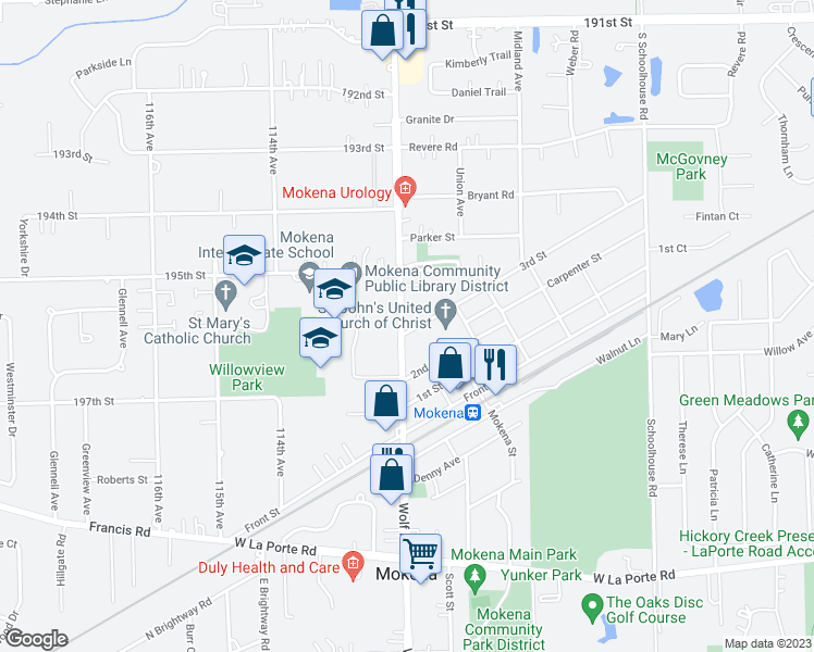 map of restaurants, bars, coffee shops, grocery stores, and more near 19549 Wolf Road in Mokena
