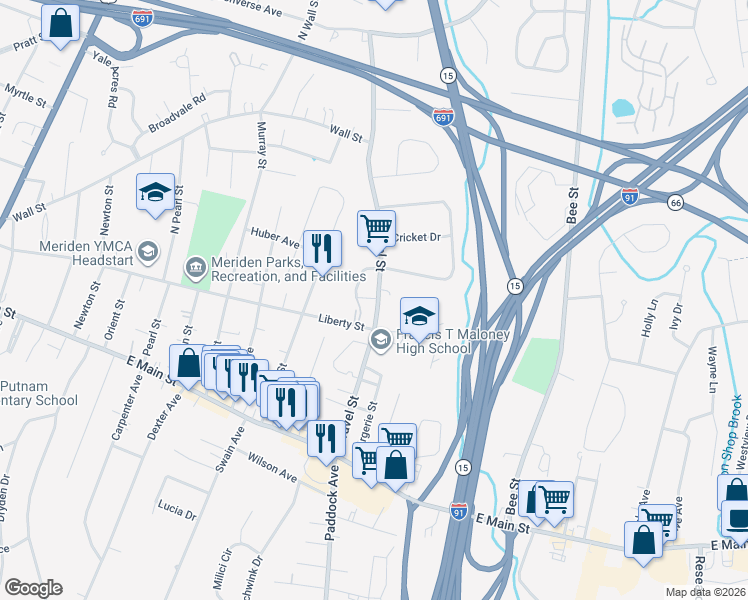 map of restaurants, bars, coffee shops, grocery stores, and more near in Meriden