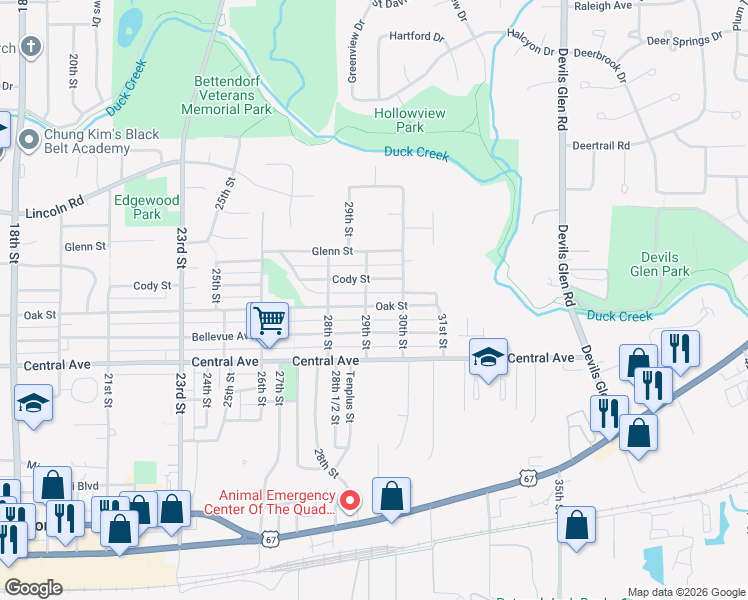 map of restaurants, bars, coffee shops, grocery stores, and more near 2910 Oak Street in Bettendorf