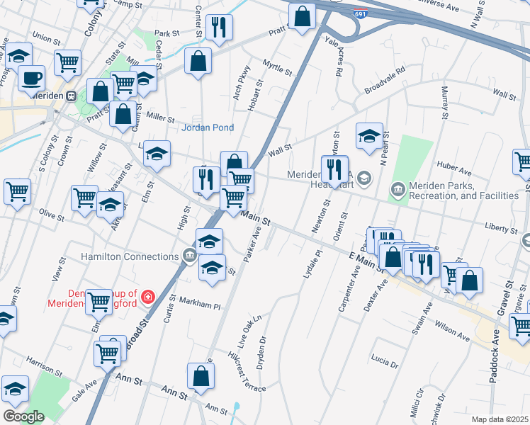 map of restaurants, bars, coffee shops, grocery stores, and more near 410 East Main Street in Meriden