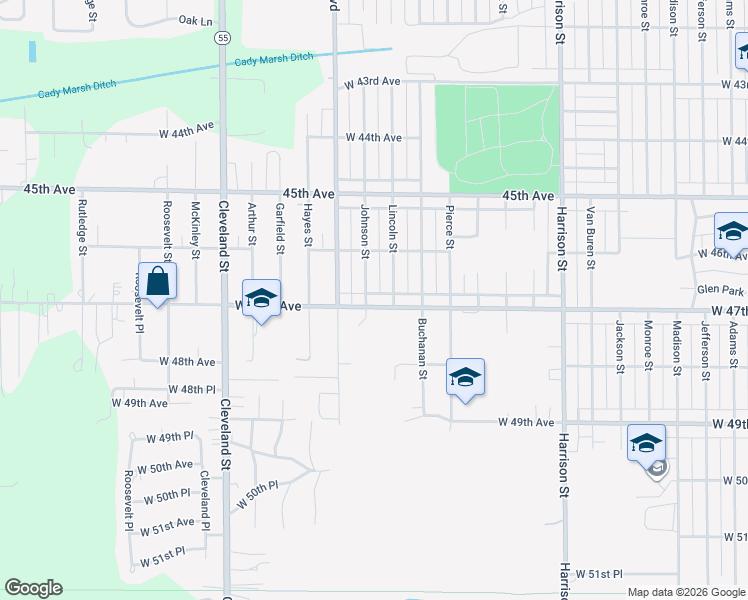 map of restaurants, bars, coffee shops, grocery stores, and more near 1424 West 47th Avenue in Gary