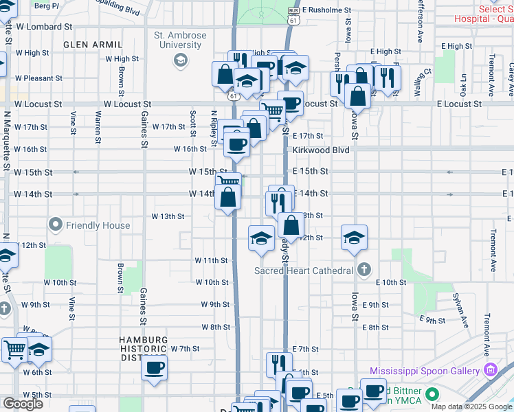 map of restaurants, bars, coffee shops, grocery stores, and more near 1318 North Main Street in Davenport