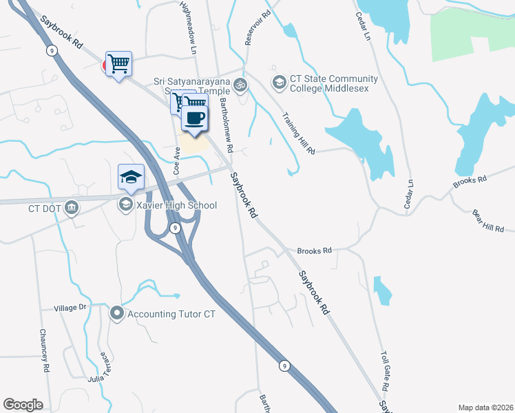 map of restaurants, bars, coffee shops, grocery stores, and more near 932 Saybrook Road in Middletown