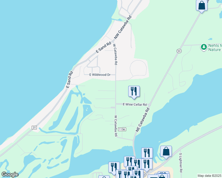 map of restaurants, bars, coffee shops, grocery stores, and more near 422 Northwest Catawba Road in Port Clinton