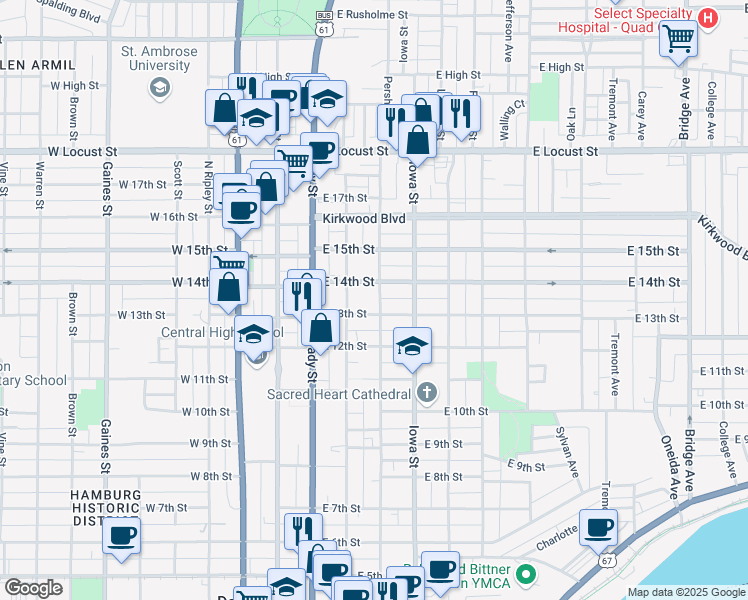 map of restaurants, bars, coffee shops, grocery stores, and more near 1312 Pershing Avenue in Davenport