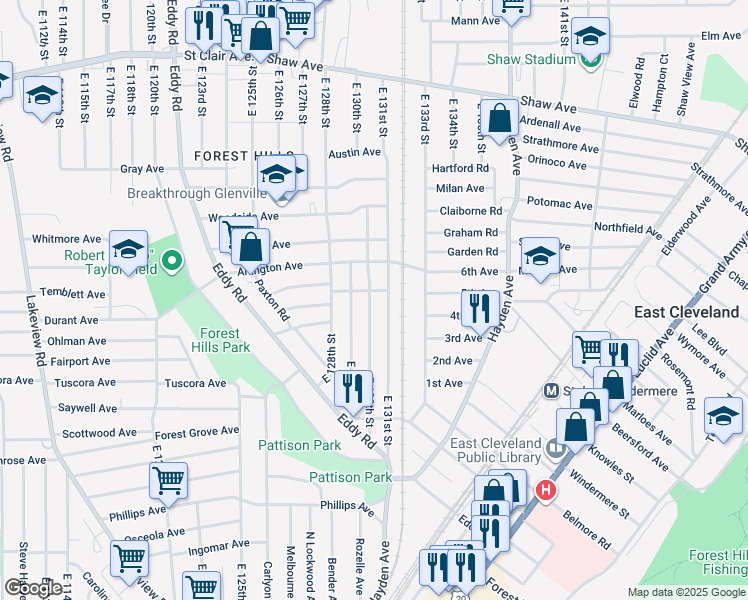 map of restaurants, bars, coffee shops, grocery stores, and more near 875 East 130th Street in Cleveland