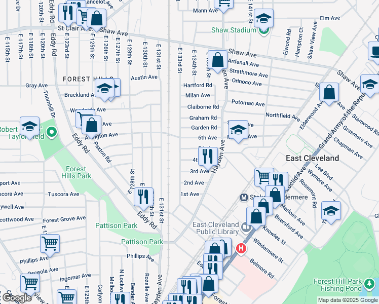 map of restaurants, bars, coffee shops, grocery stores, and more near 13400 5th Ave in East Cleveland
