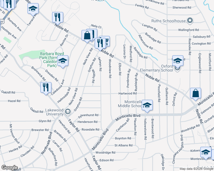 map of restaurants, bars, coffee shops, grocery stores, and more near 976 Woodview Road in Cleveland Heights