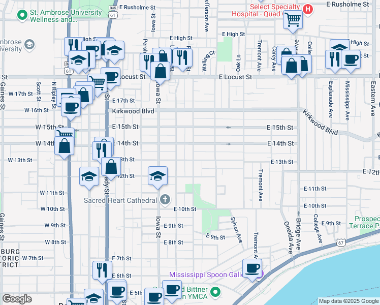 map of restaurants, bars, coffee shops, grocery stores, and more near 1314 Farnam Street in Davenport