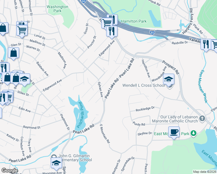 map of restaurants, bars, coffee shops, grocery stores, and more near 945 Pearl Lake Road in Waterbury