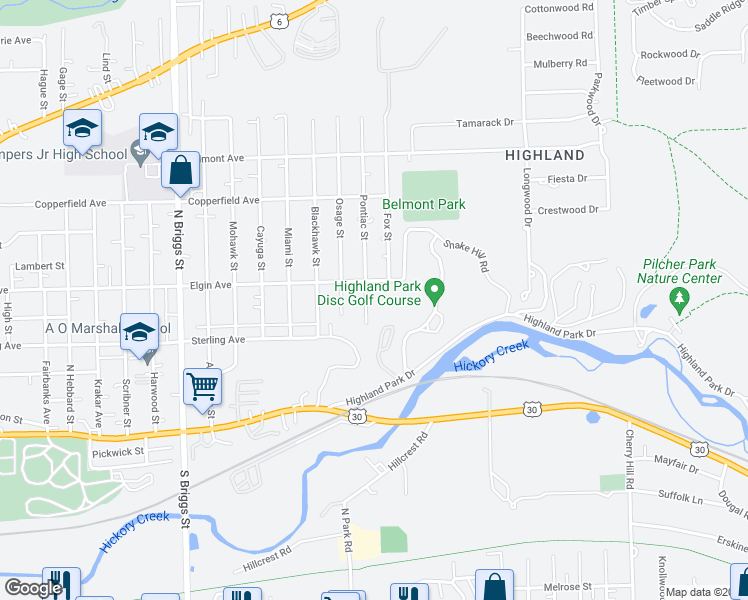 map of restaurants, bars, coffee shops, grocery stores, and more near 418 Pontiac Street in Joliet