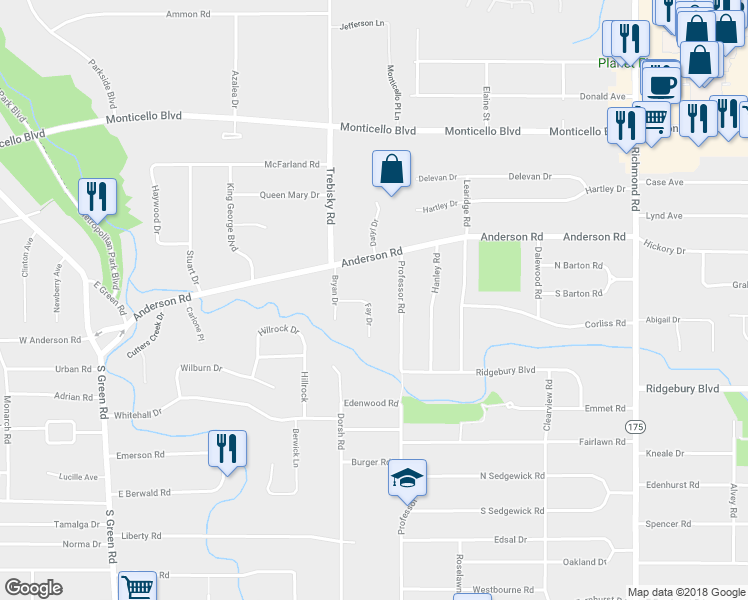 map of restaurants, bars, coffee shops, grocery stores, and more near 4753 Fay Drive in South Euclid