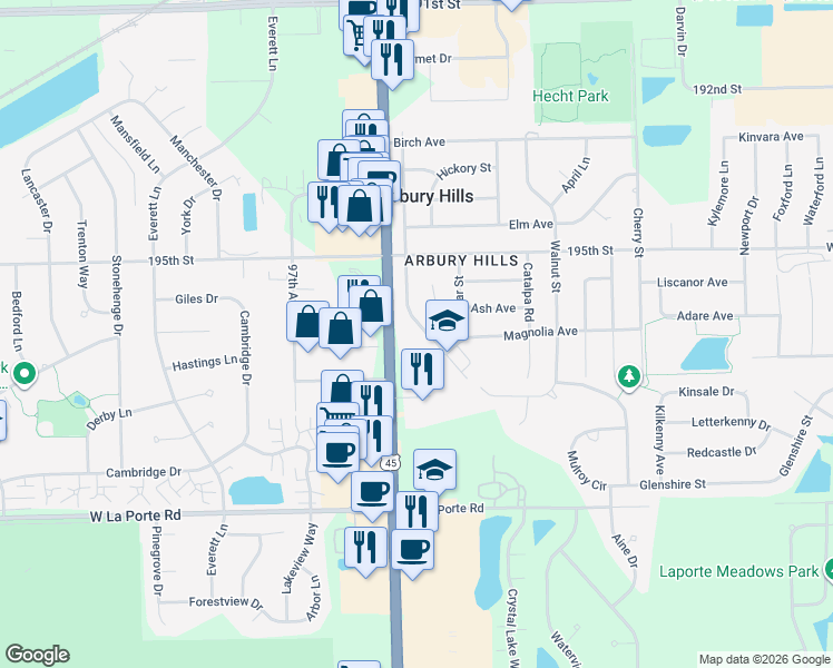 map of restaurants, bars, coffee shops, grocery stores, and more near 19614 Beechnut Drive in Mokena